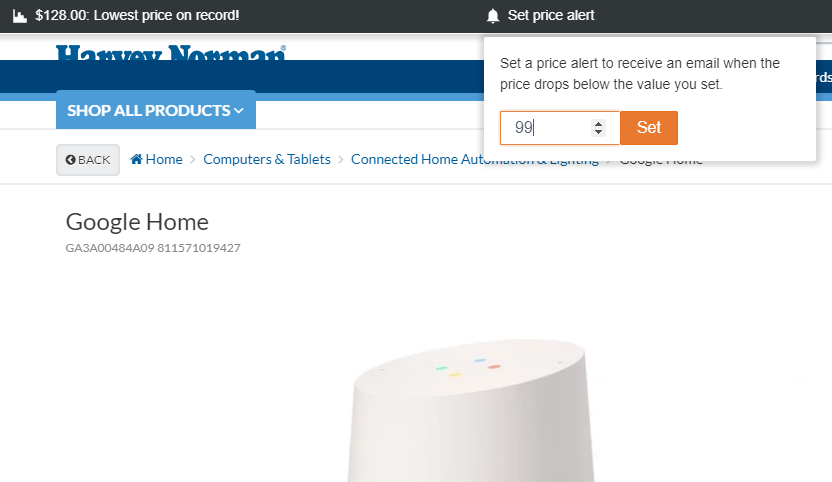 Screenshot of setting a price alert on a Google Home device